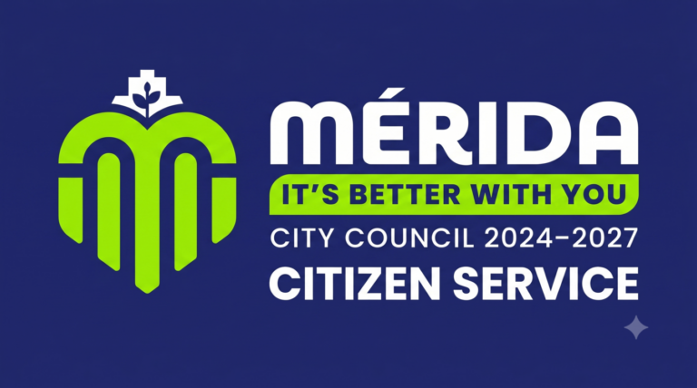Ayuntatel Citizen Service digital graphic with a green 'M' logo, featuring the official Mérida city council slogan 'It's better with you' for the 2024-2027 administration.