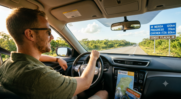 A smiling foreign man driving a car on a sunny highway in Mexico, practicing driving in Yucatan with highway road signs visible in the background.