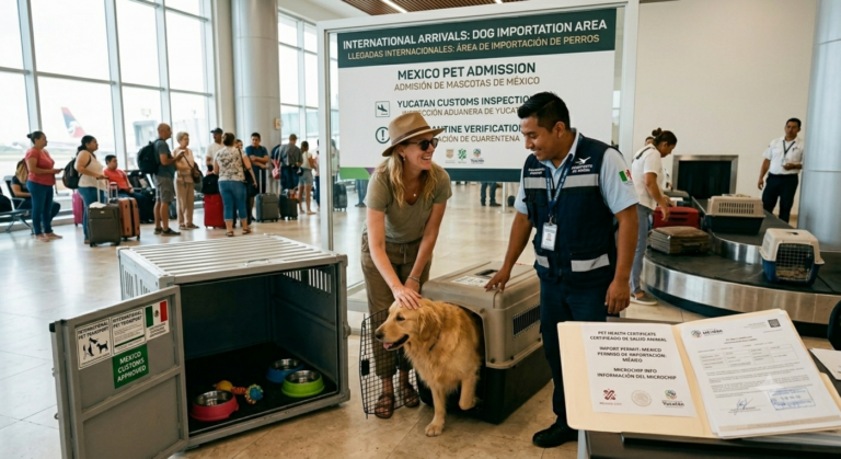 Expat woman with a golden retriever at Mexico airport customs during the pet importation process.
