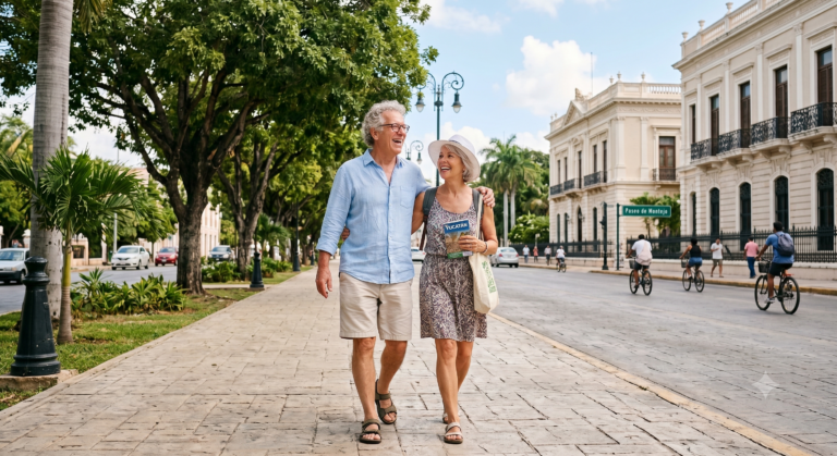 A happy senior expat couple smiling and walking along the historic Paseo de Montejo in Merida, enjoying their retirement lifestyle and local senior benefits.