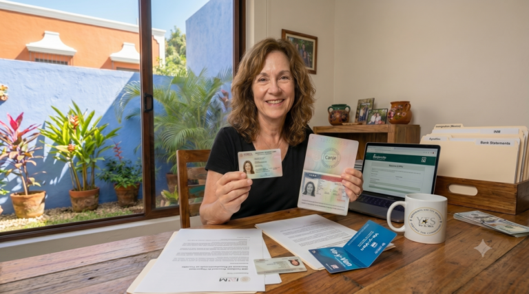 A smiling foreign resident woman inside a bright Merida home office holding her official Mexican resident card and a passport with a Canje immigration stamp, surrounded by INM compliance documents and a YES to Mex corporate coffee mug.