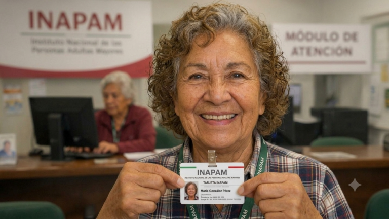 A smiling senior woman proudly holding her official Mexican INAPAM card inside a government assistance module, illustrating the senior citizen membership and retirement discounts process in Merida.