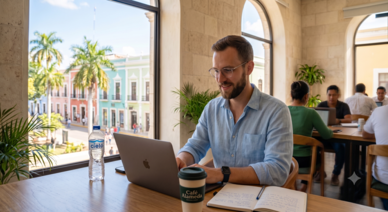 A smiling foreign digital nomad working on his laptop at a coffee shop table in Merida, showing colorful Mexican colonial streets and palm trees through the window, illustrating working in Mexico.