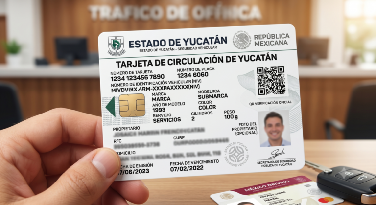 A close-up of an official Estado de Yucatan Tarjeta de Circulacion vehicle circulation card held inside a state transit office desk with car keys, explaining automotive regulations in Mexico.
